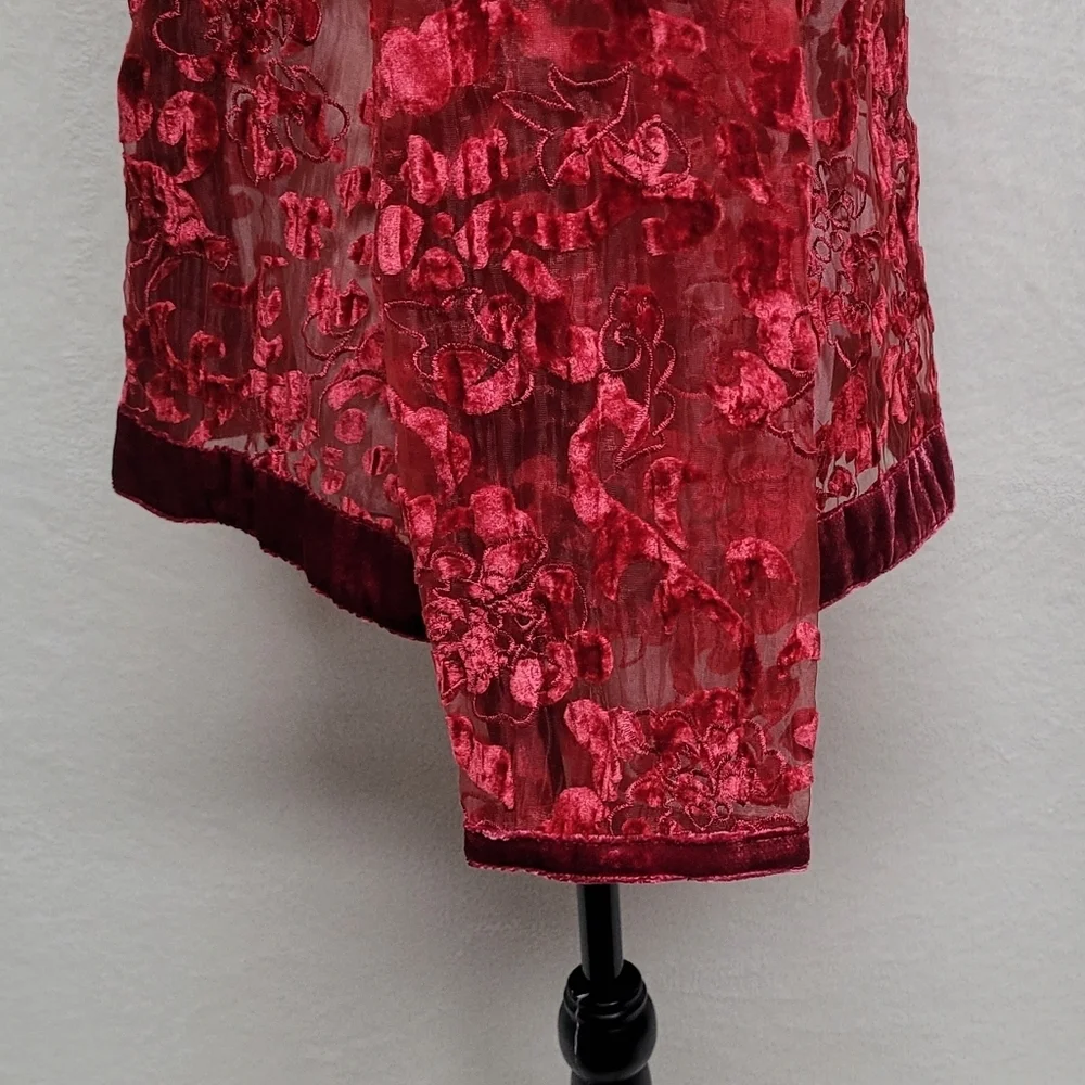 Chico's 90s Vintage Red Burnout Velvet Floral Sheer Mesh Open Front Cardi Jacket